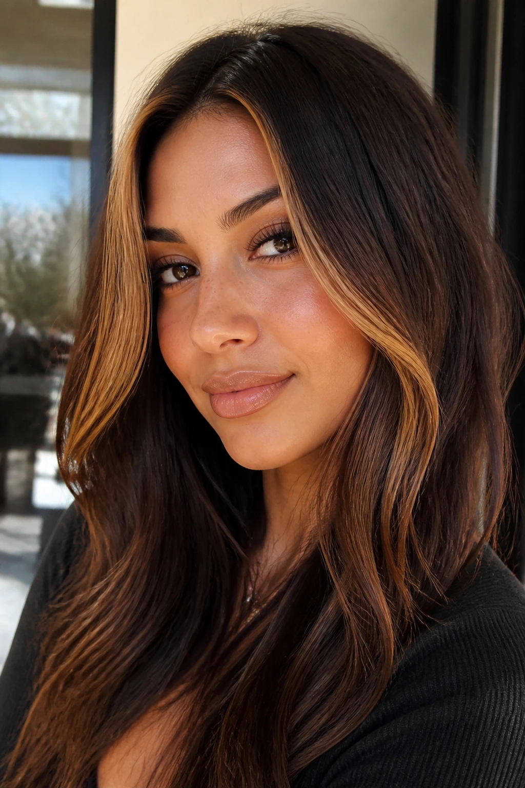 Bold caramel money piece at front with chestnut hair
