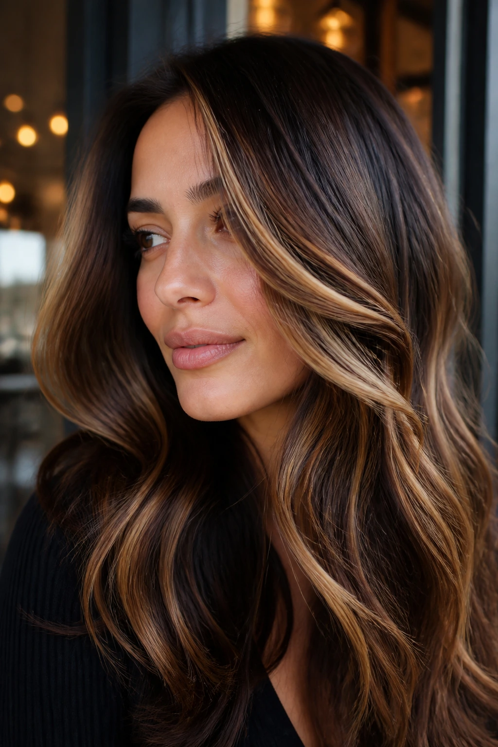 Close-up of a woman with bold honey panels in dark hair