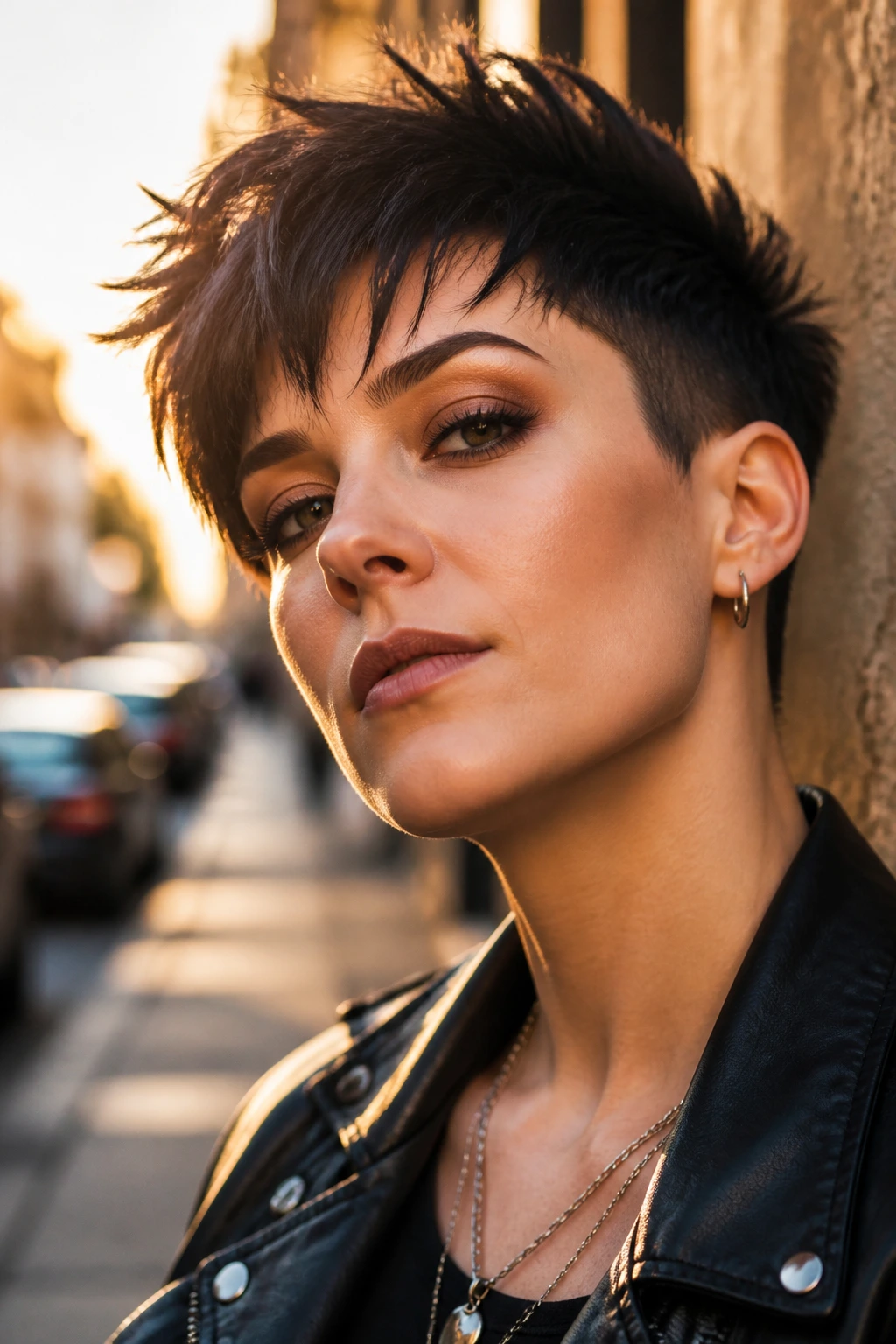 Close-up portrait of a real person with a bold short haircut outdoors during golden hour.