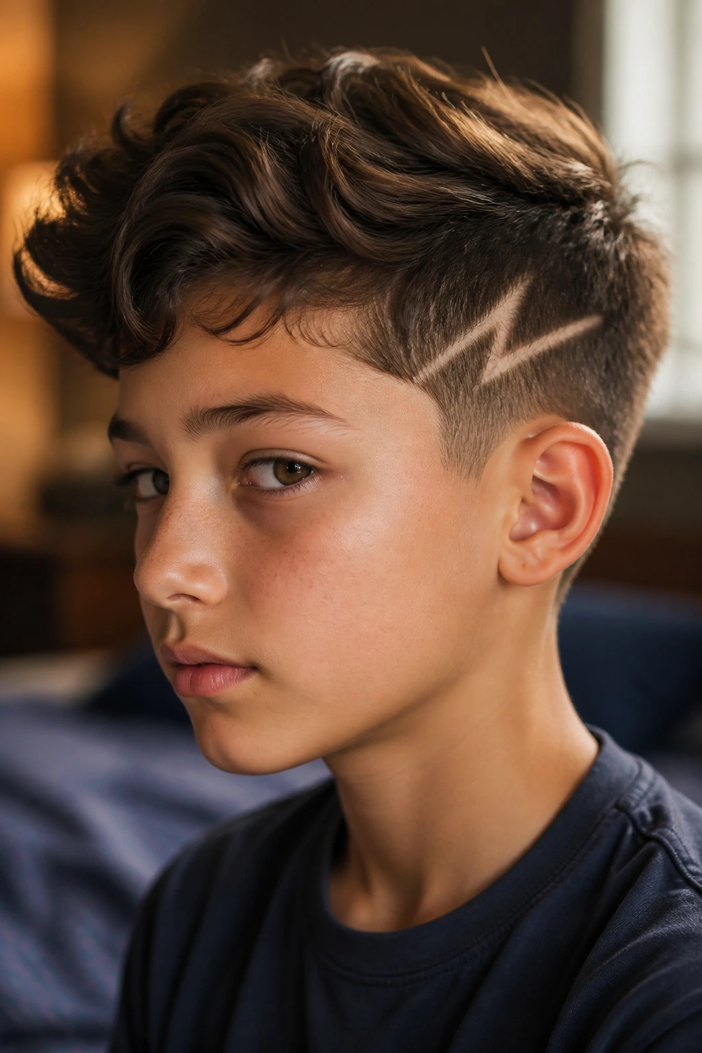 Close-up of a real boy with a bolt cut on wavy hair at the temple