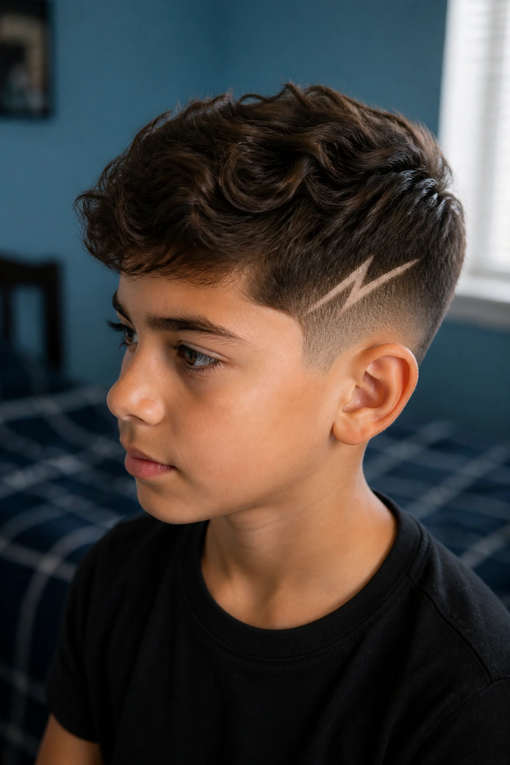 Close-up of a boy's wavy hair with a well-defined bolt that holds its shape