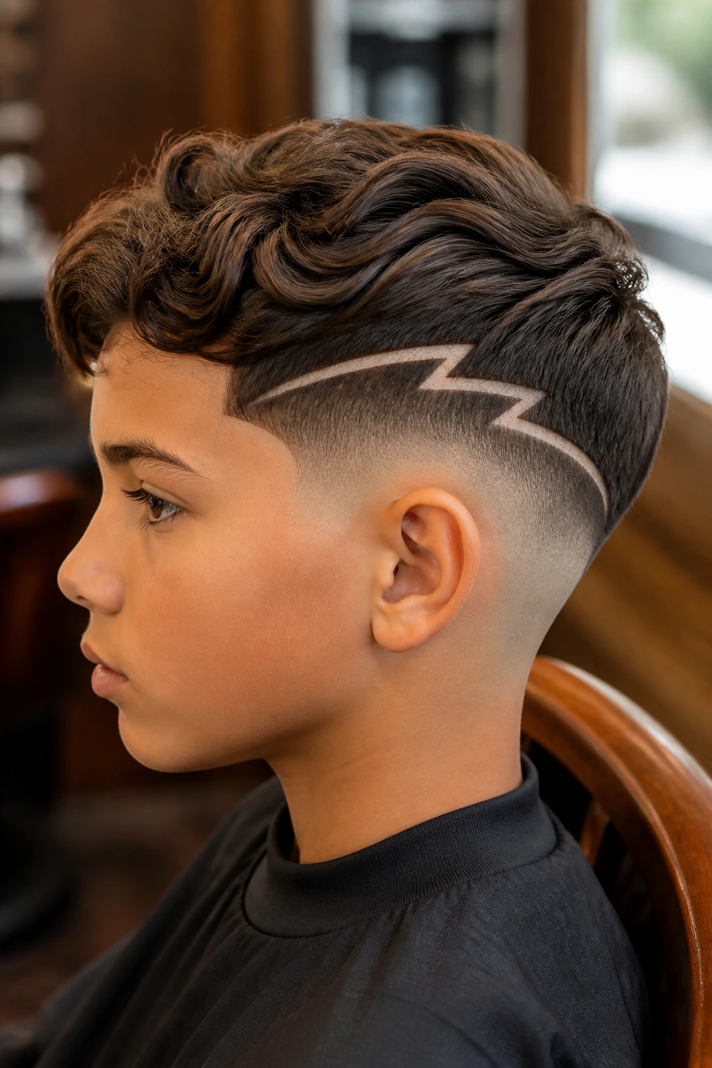 Close-up of a real boy with a wrapped lightning bolt in a drop fade on wavy hair.