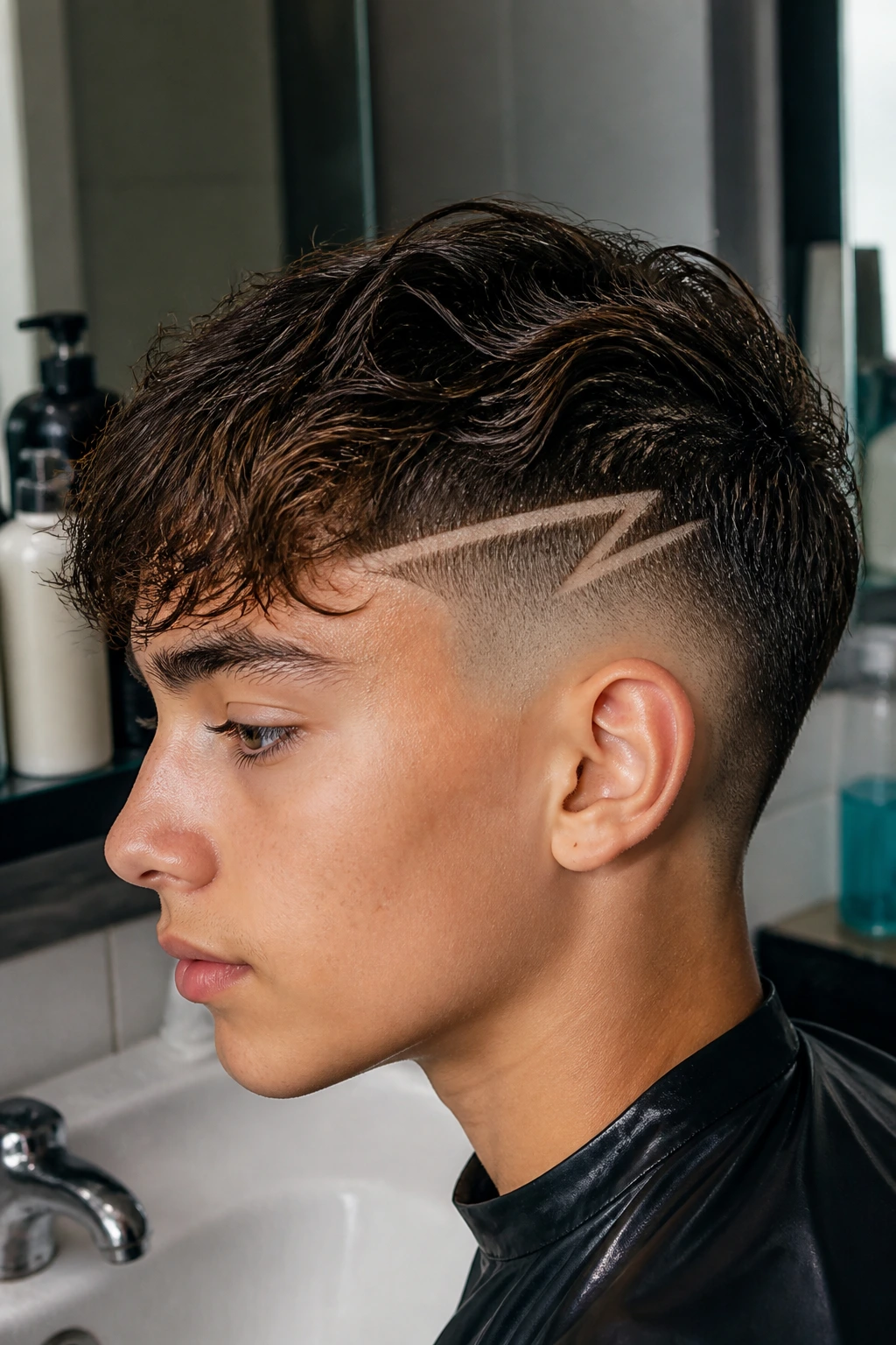 Boy at a wash station showing bolt maintenance with slight regrowth.