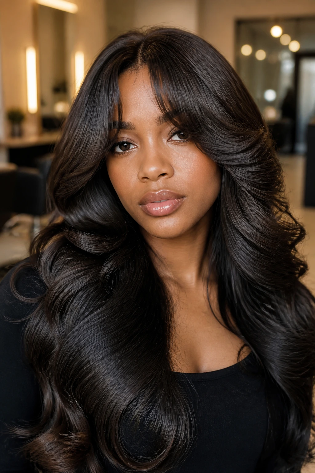Real woman with bombshell blowout and split bangs
