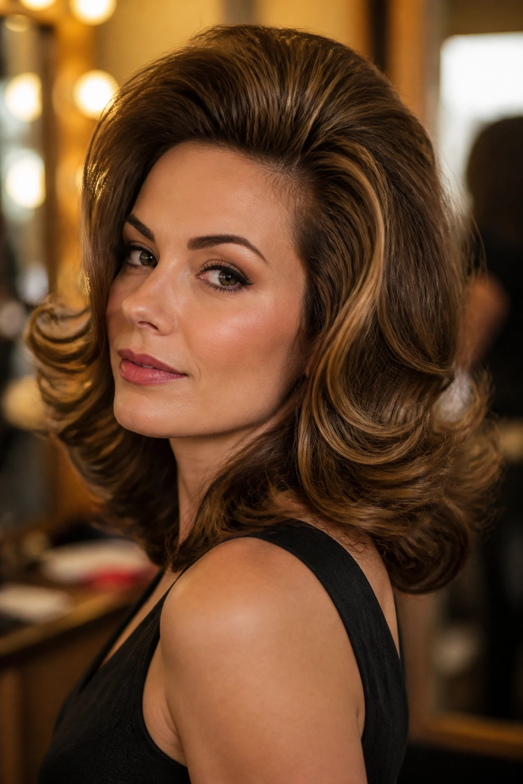 Portrait of a woman with a bombshell flip featuring crown volume and flipped ends.