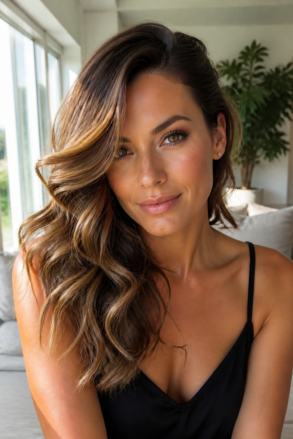 Close-up of a real woman with deep side part and side-swept waves