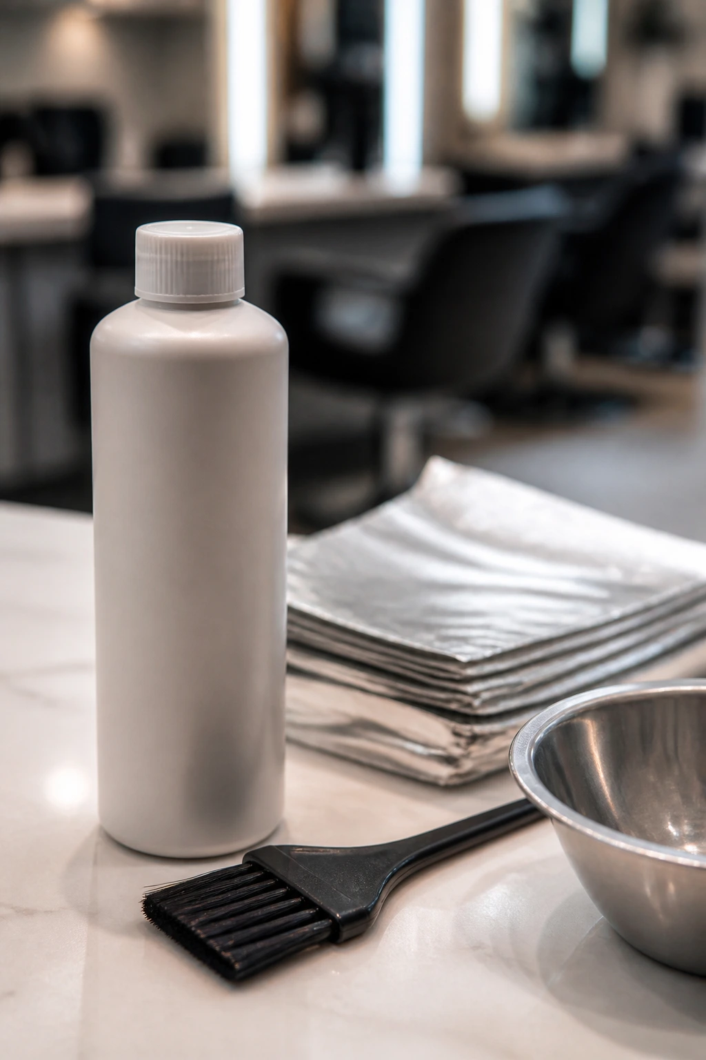 Close-up of an unlabeled bond-builder lightener bottle on salon counter.