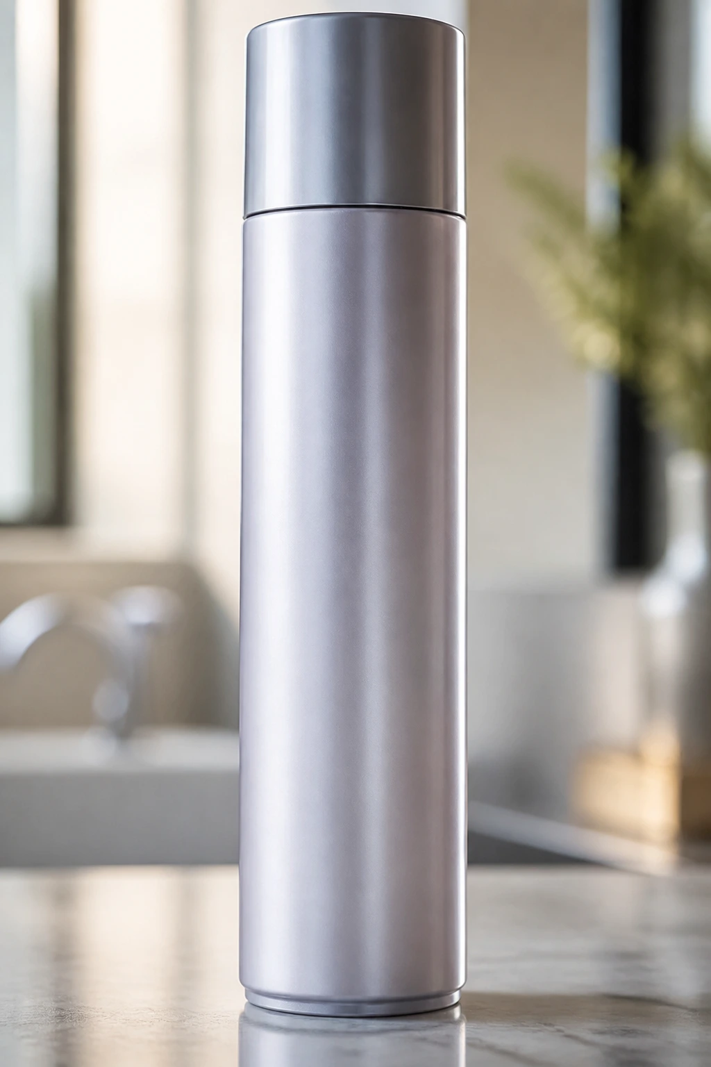 Unlabeled maintenance product bottle on a bathroom counter