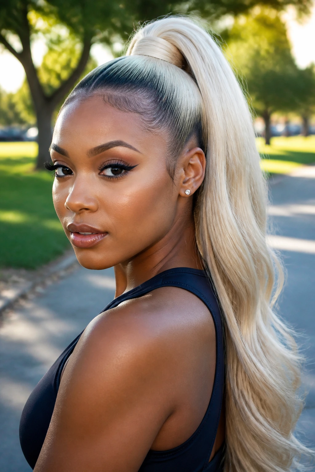 Real woman with bone-blonde high ponytail extension