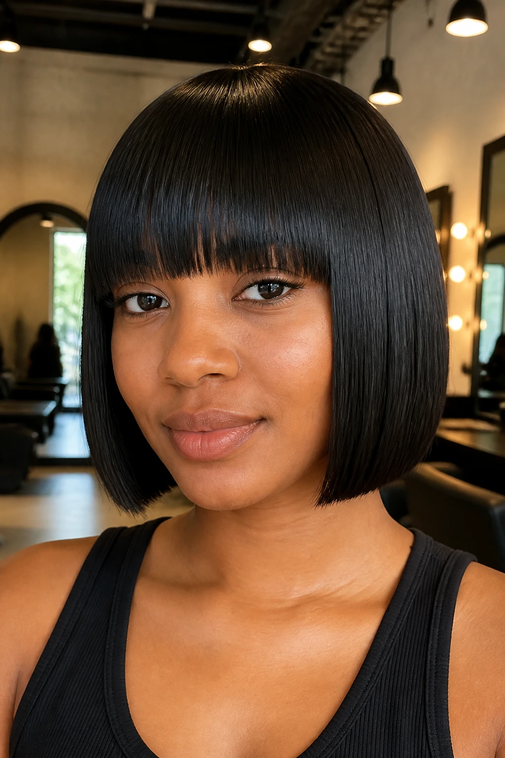 Portrait of a woman with a bone-straight bob and brow-grazing blunt bangs