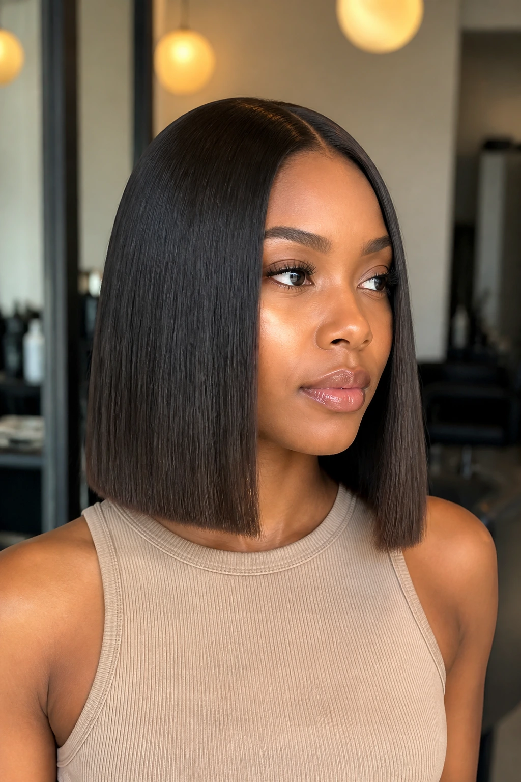 Real woman with bone-straight lob in a modern salon setting