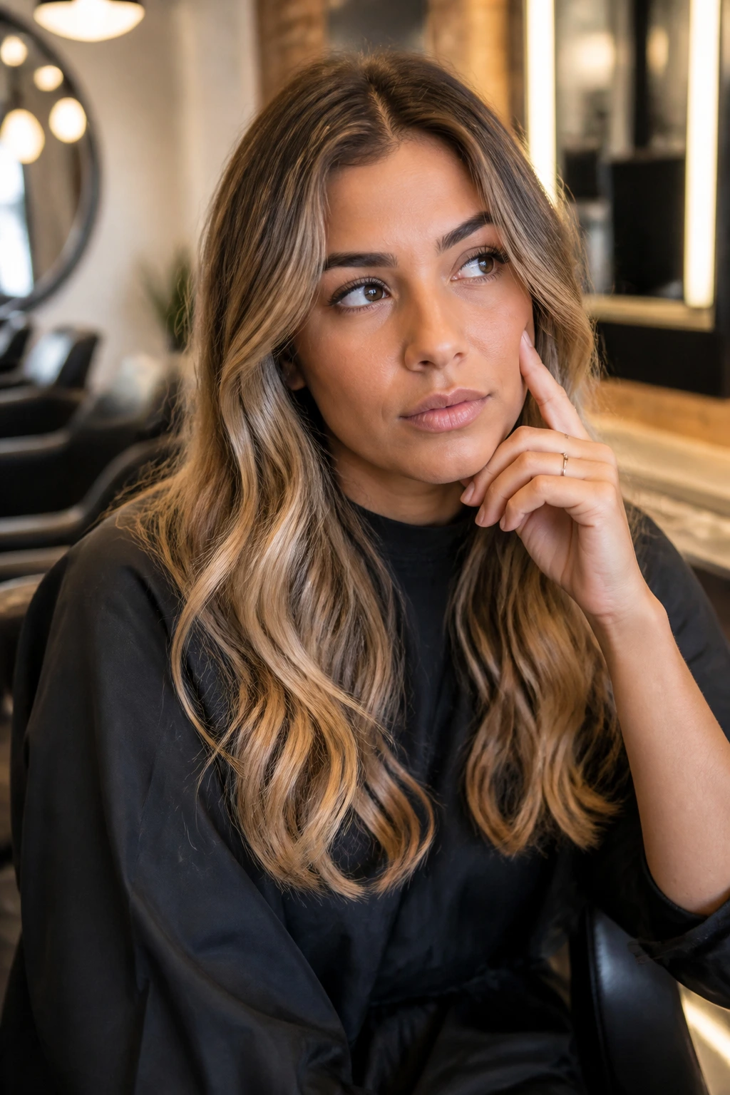 In-salon portrait of a thoughtful woman with olive skin and beige-blonde hair
