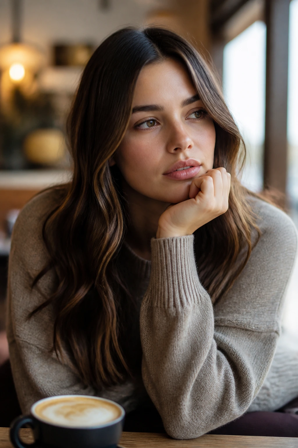 Close-up portrait of a thoughtful person in a cafe, representing questions before booking hair appointments