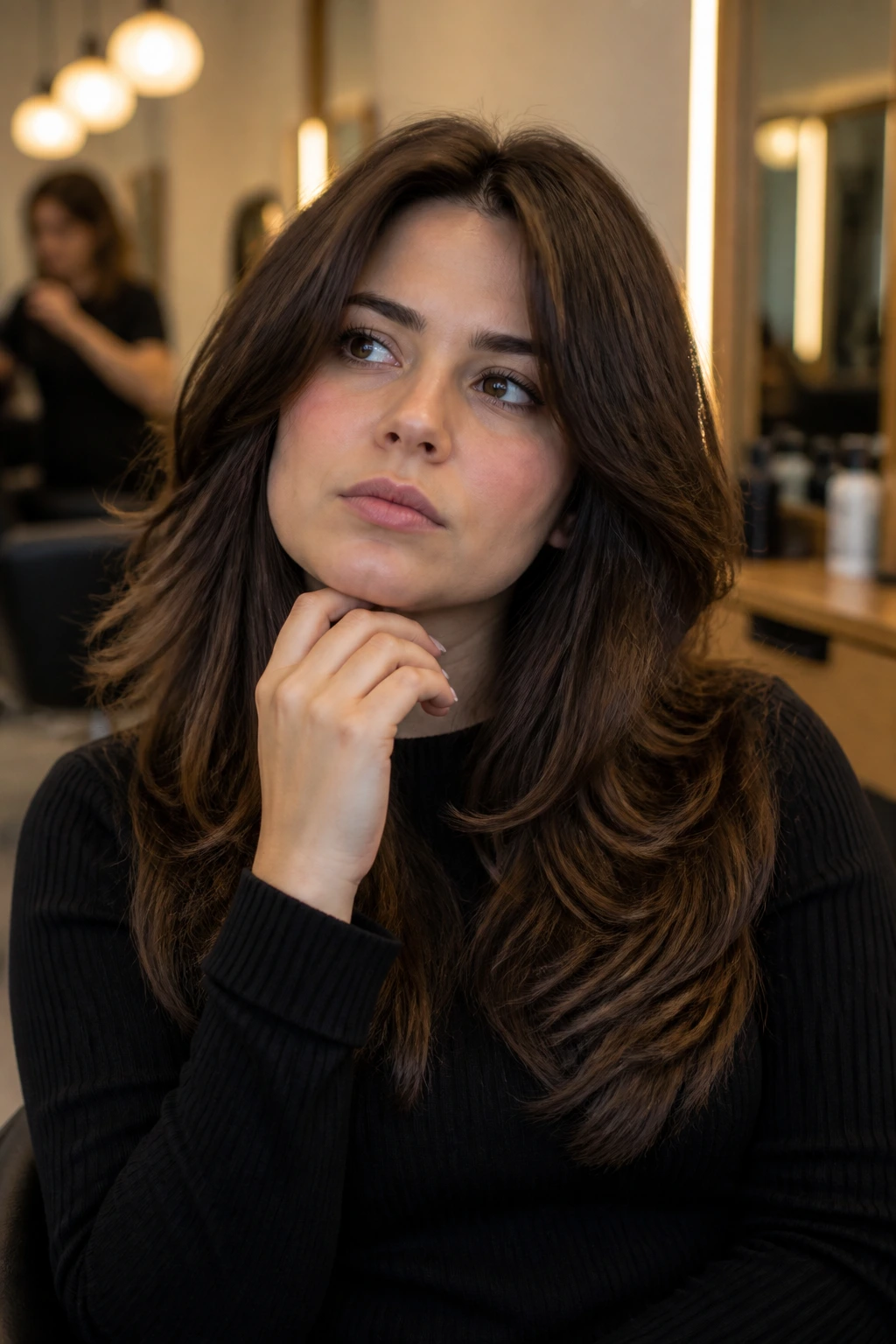 Portrait of a person in a salon chair with a thoughtful expression before scheduling a haircut.