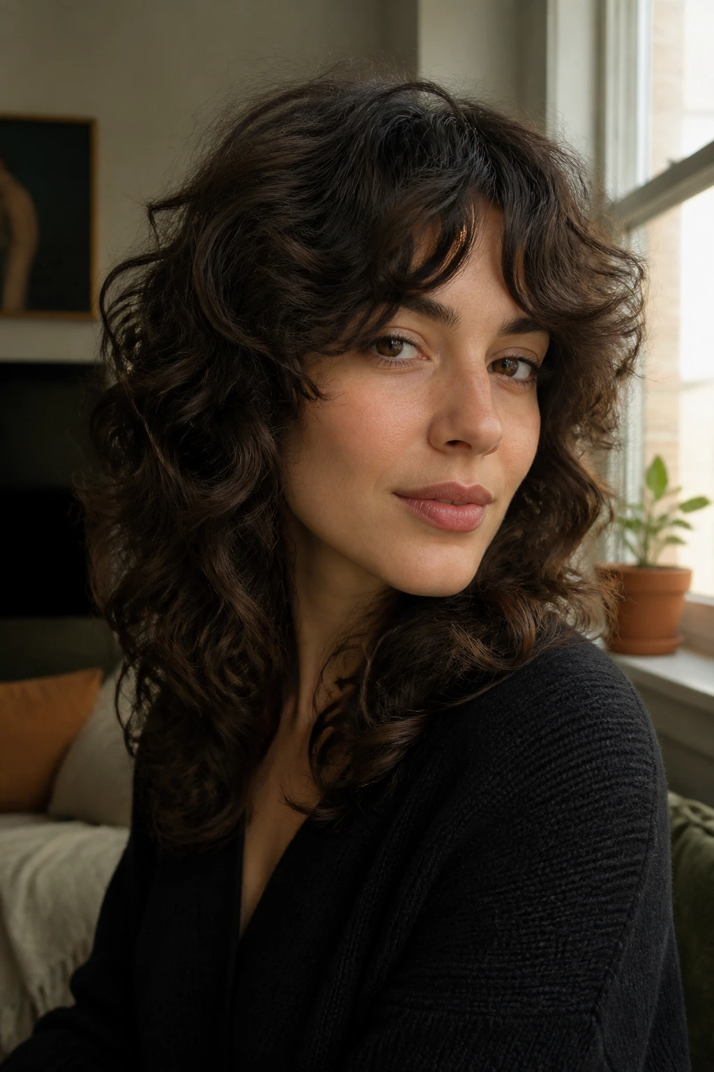 Real woman with Botticelli mini shag, long soft waves and curved curtain bangs.