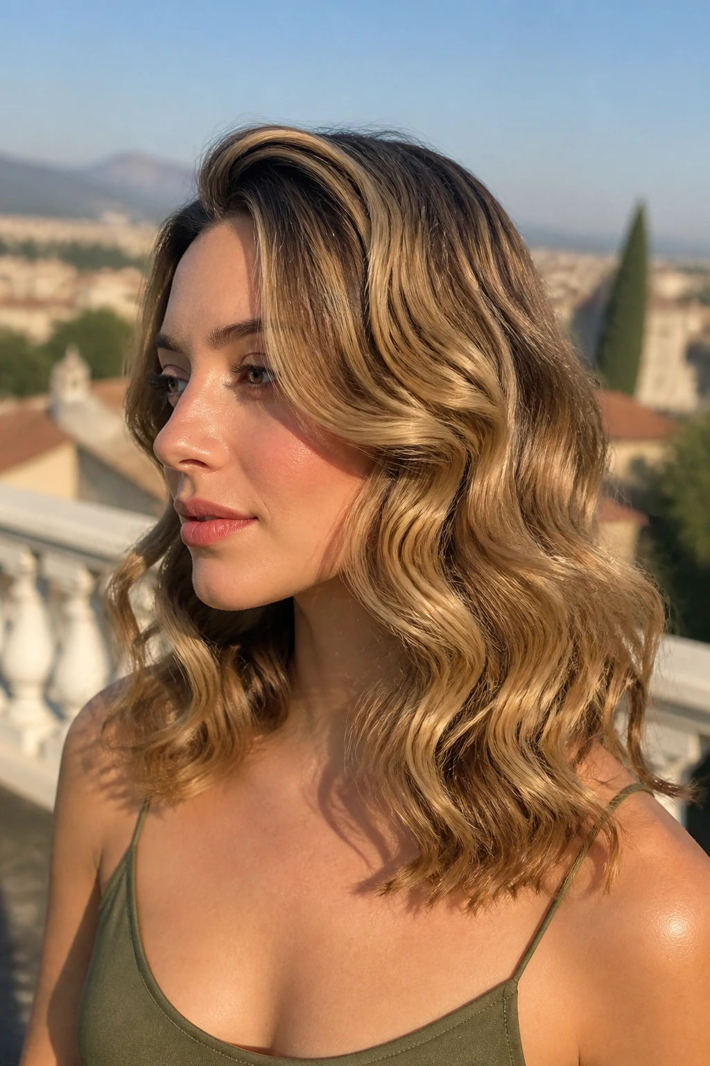 Close-up of a real woman with raked-out Botticelli waves.