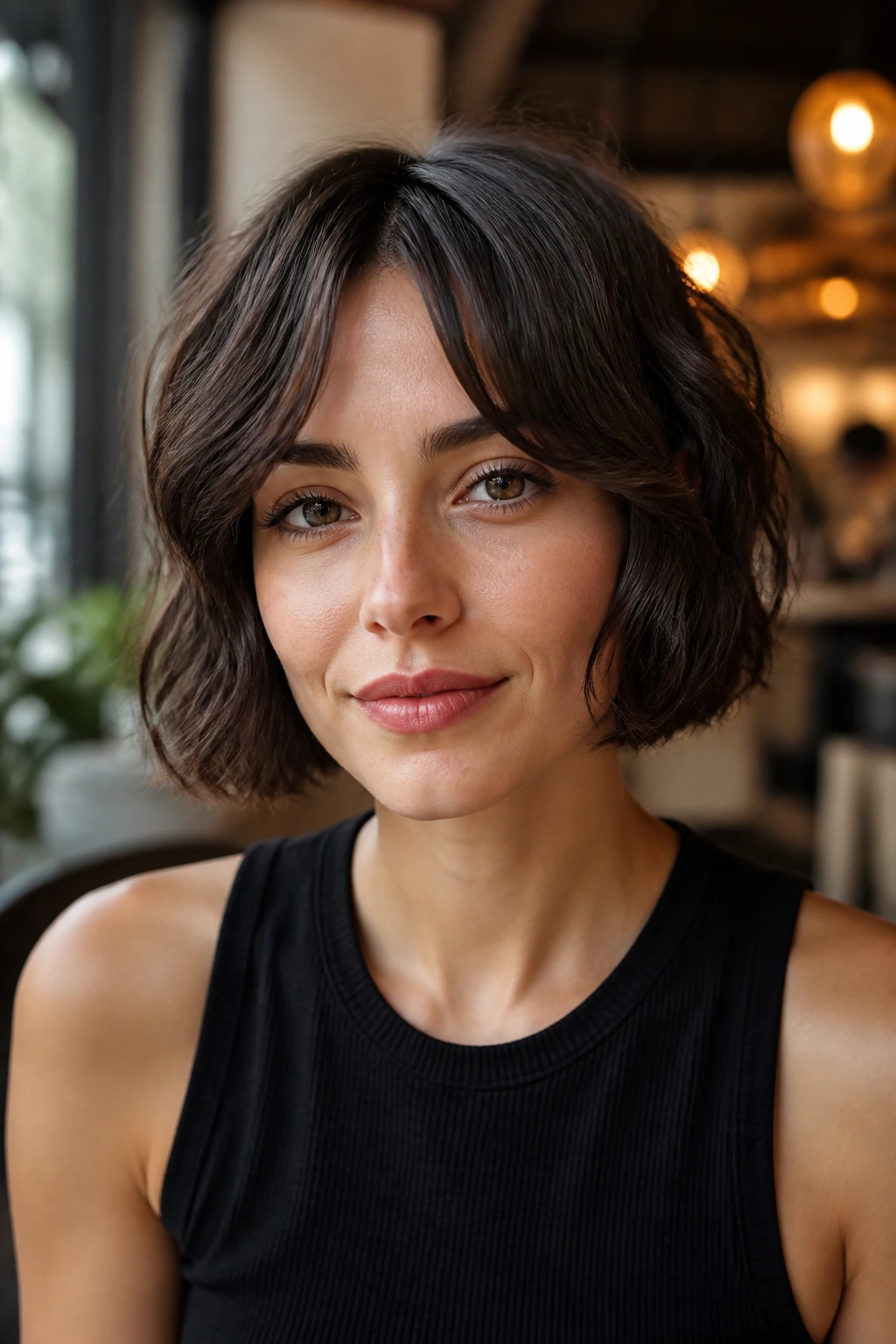 Close-up portrait of a real woman with a bottleneck bang bob