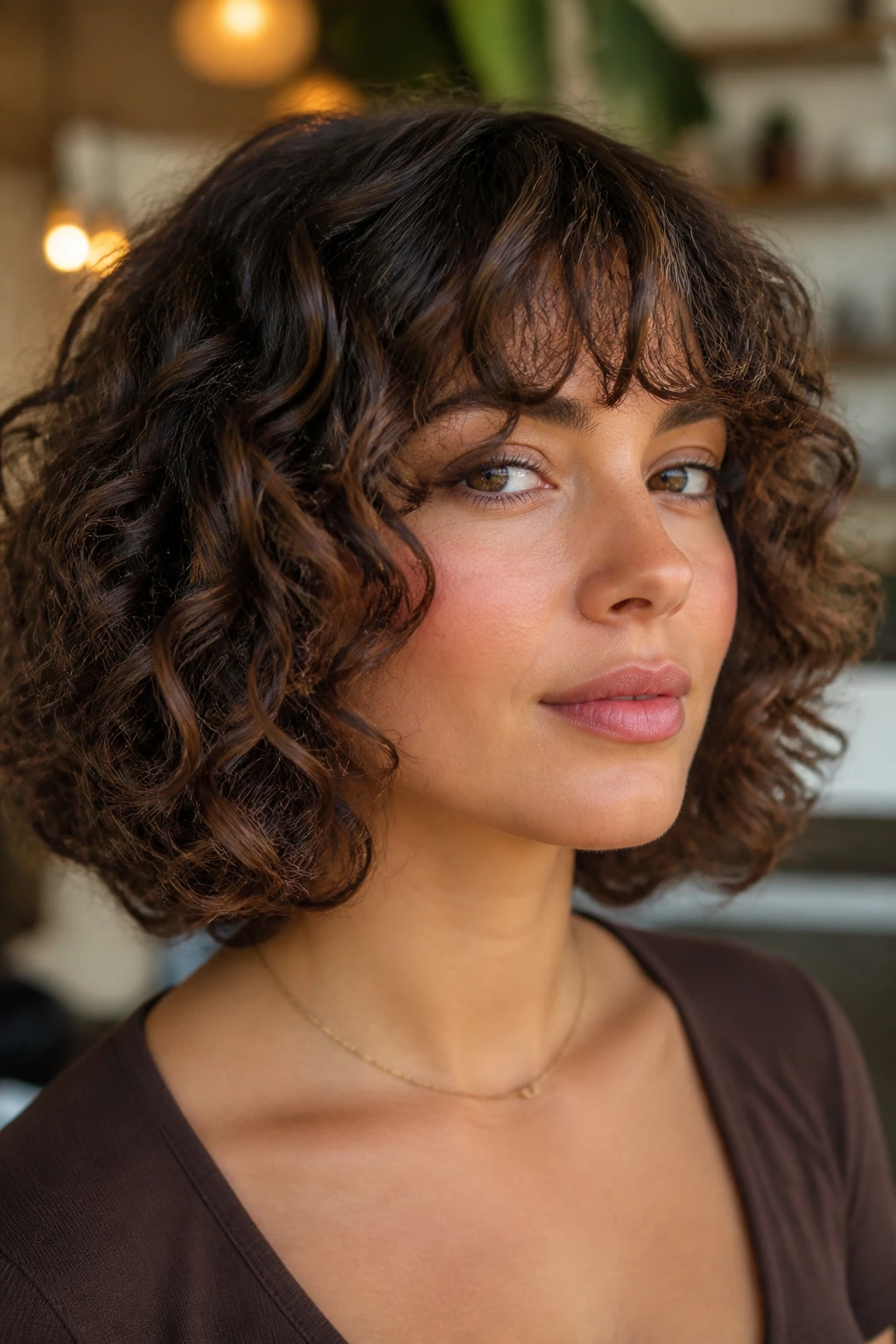 Close-up of a woman with bottleneck bangs and mocha fringe on curly bob