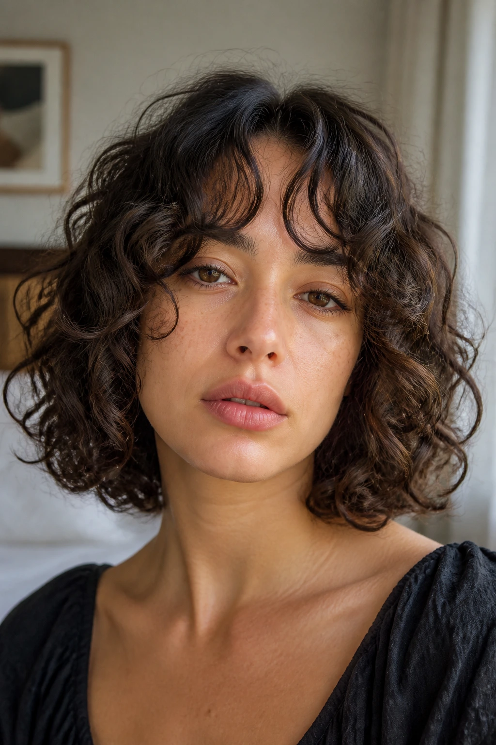 Close-up portrait of a real woman with bottleneck bang curly lob, curls framing the face in natural morning light