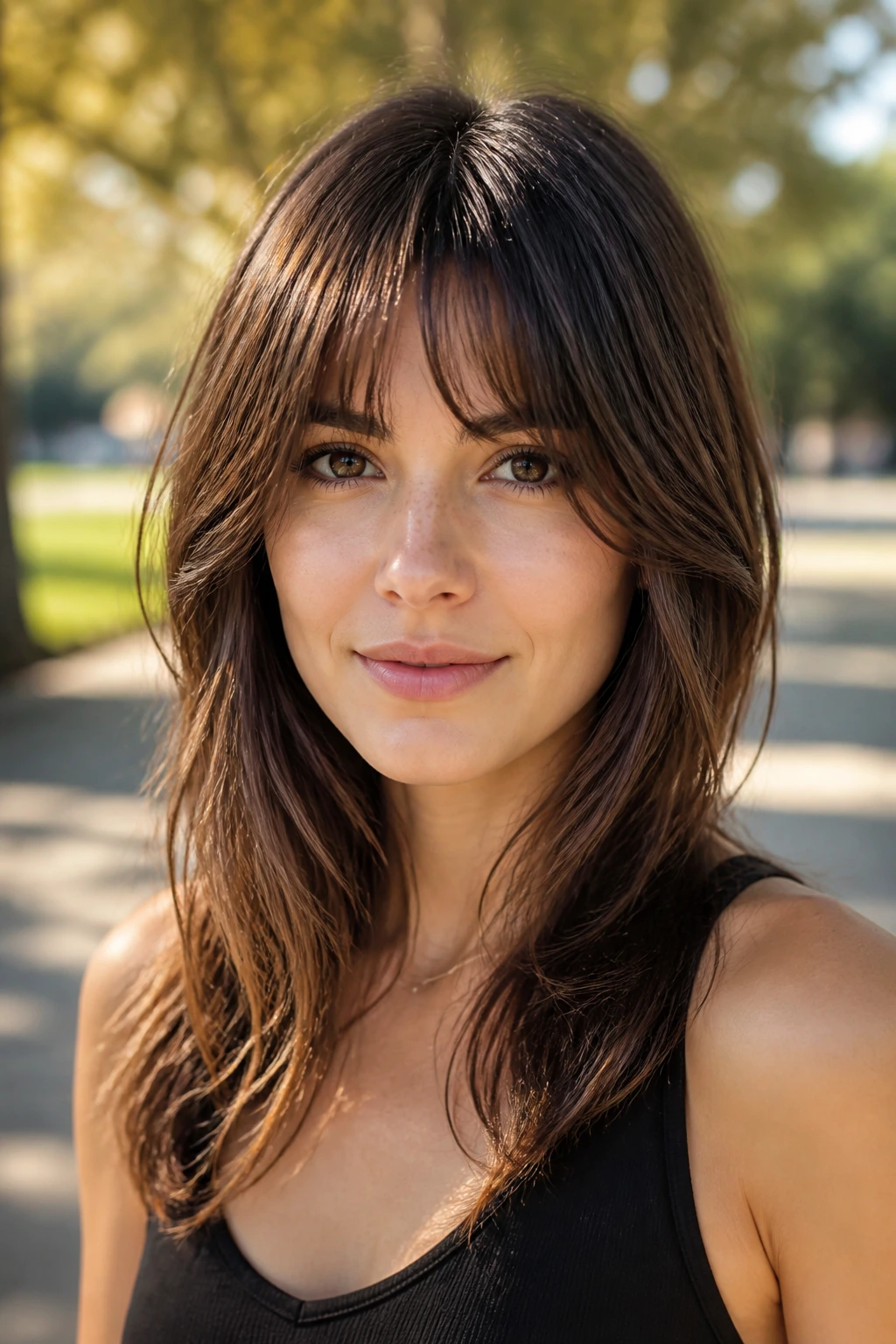 Close-up of a woman with bottleneck bangs framing an oval face.
