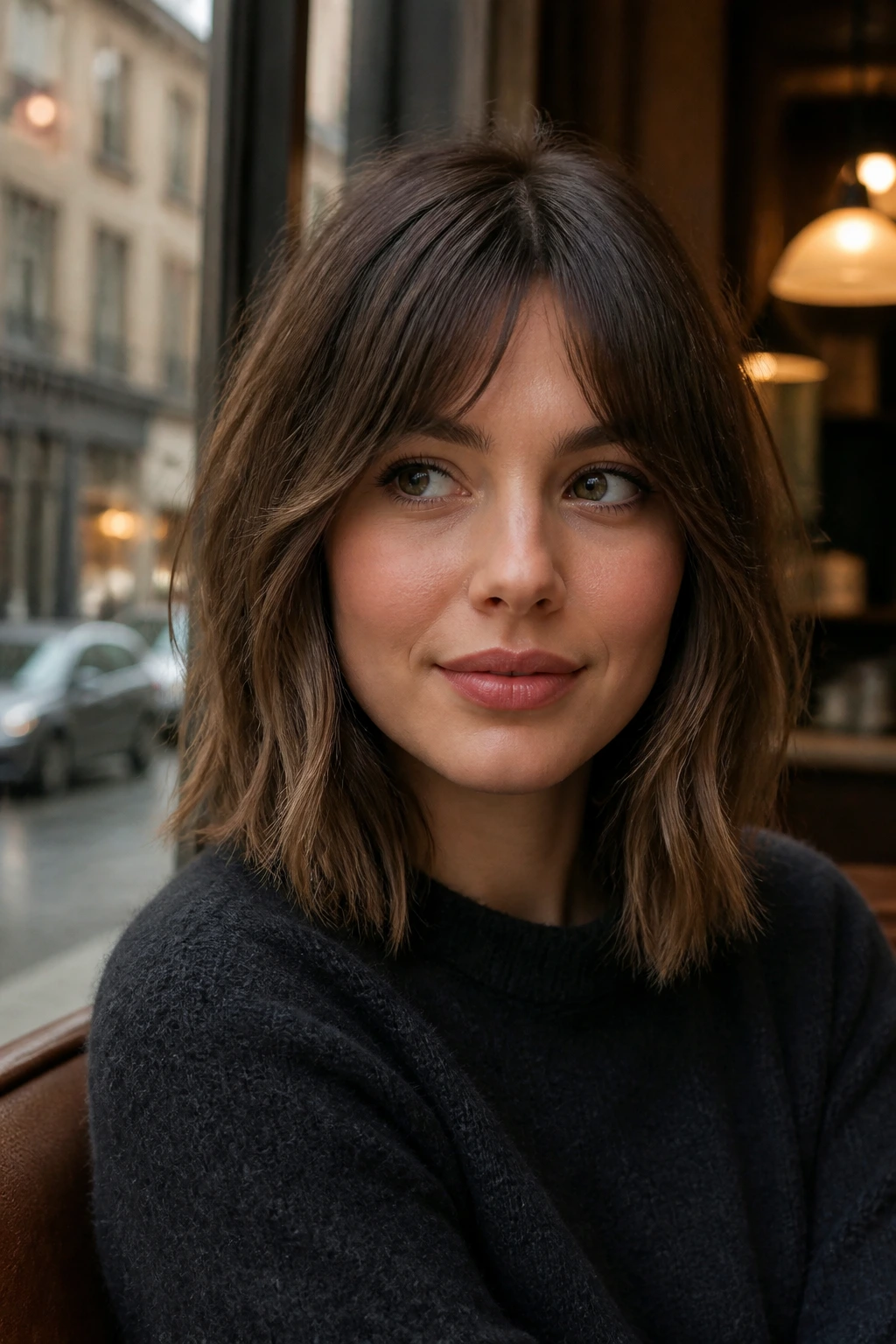 Close-up of a real woman with bottleneck bangs and a lob