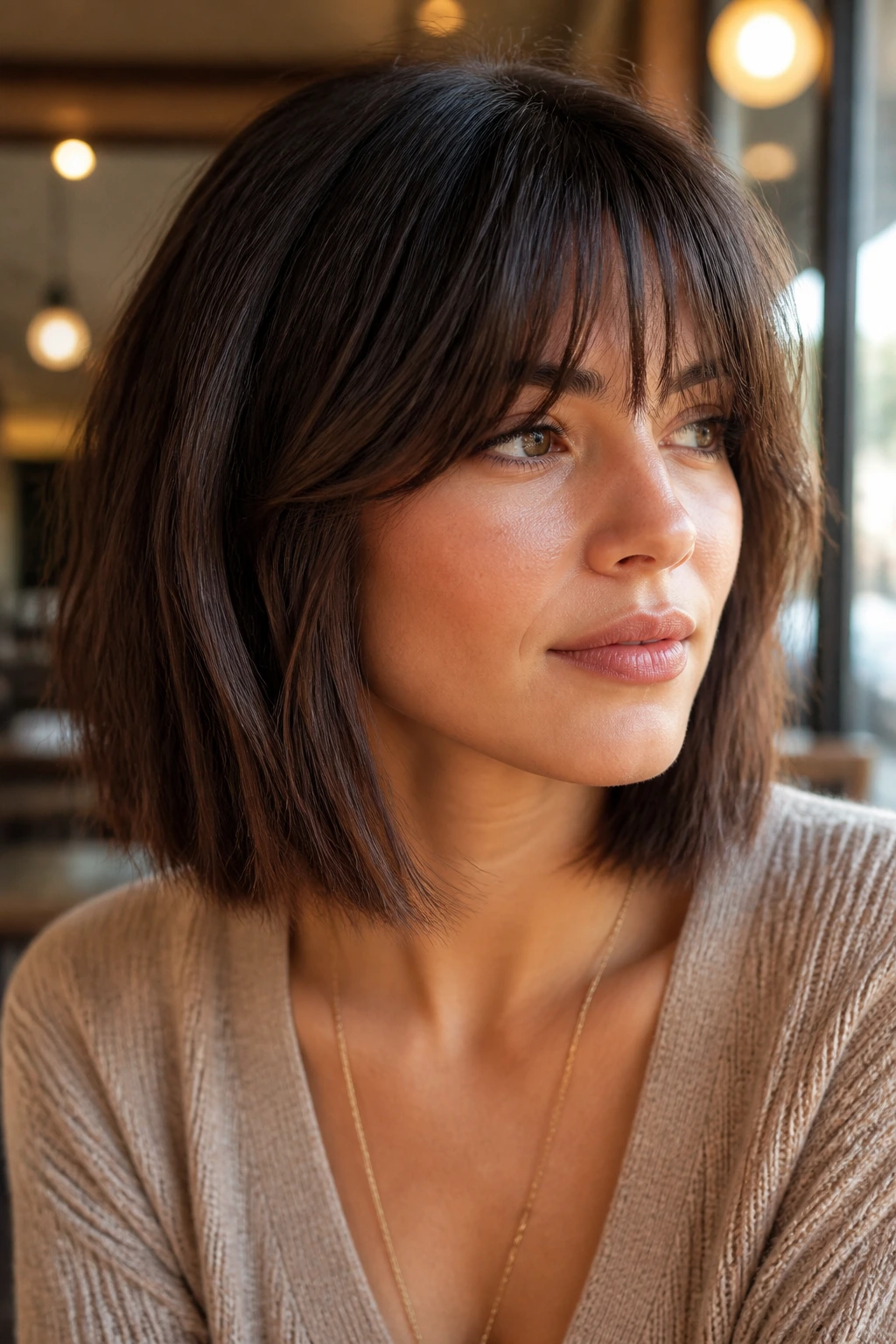 Close-up of real woman with bottleneck bangs and a collarbone-length lob