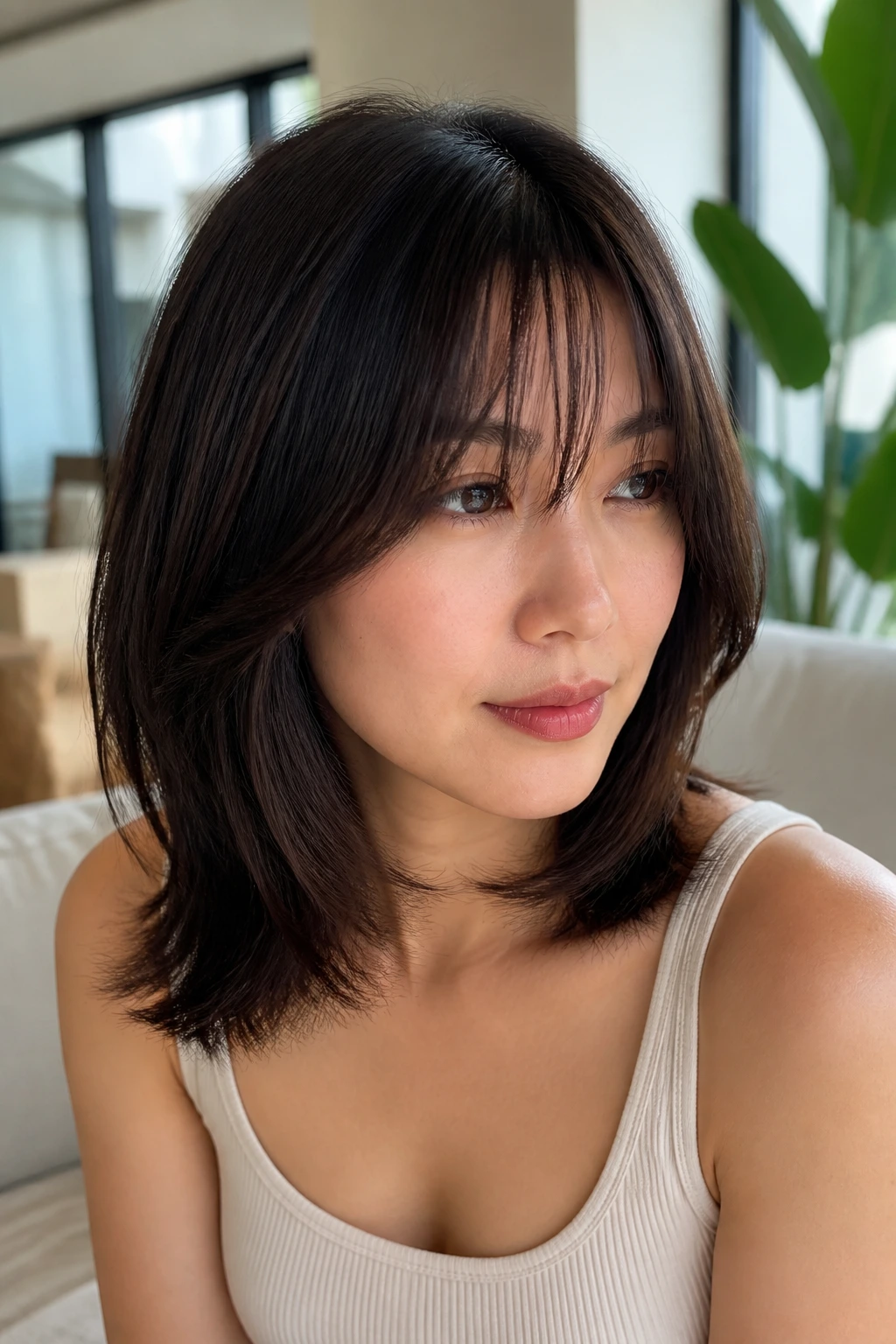 Close-up of a real person with bottleneck bangs lob