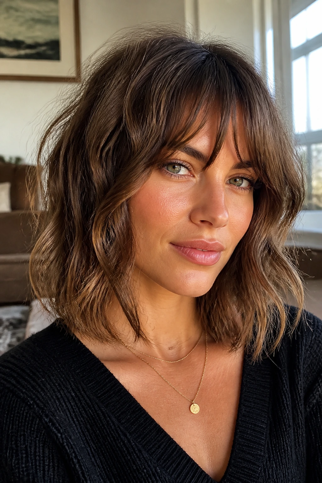 Close-up of bottleneck bang lob with dense center fringe and off-center bend