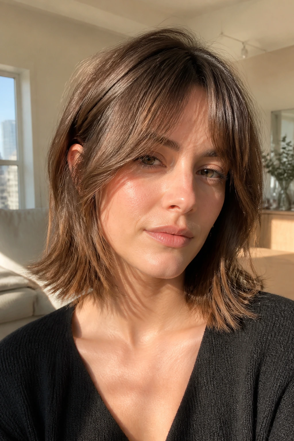Bottleneck bangs lob close-up with center-short bangs blending into layers