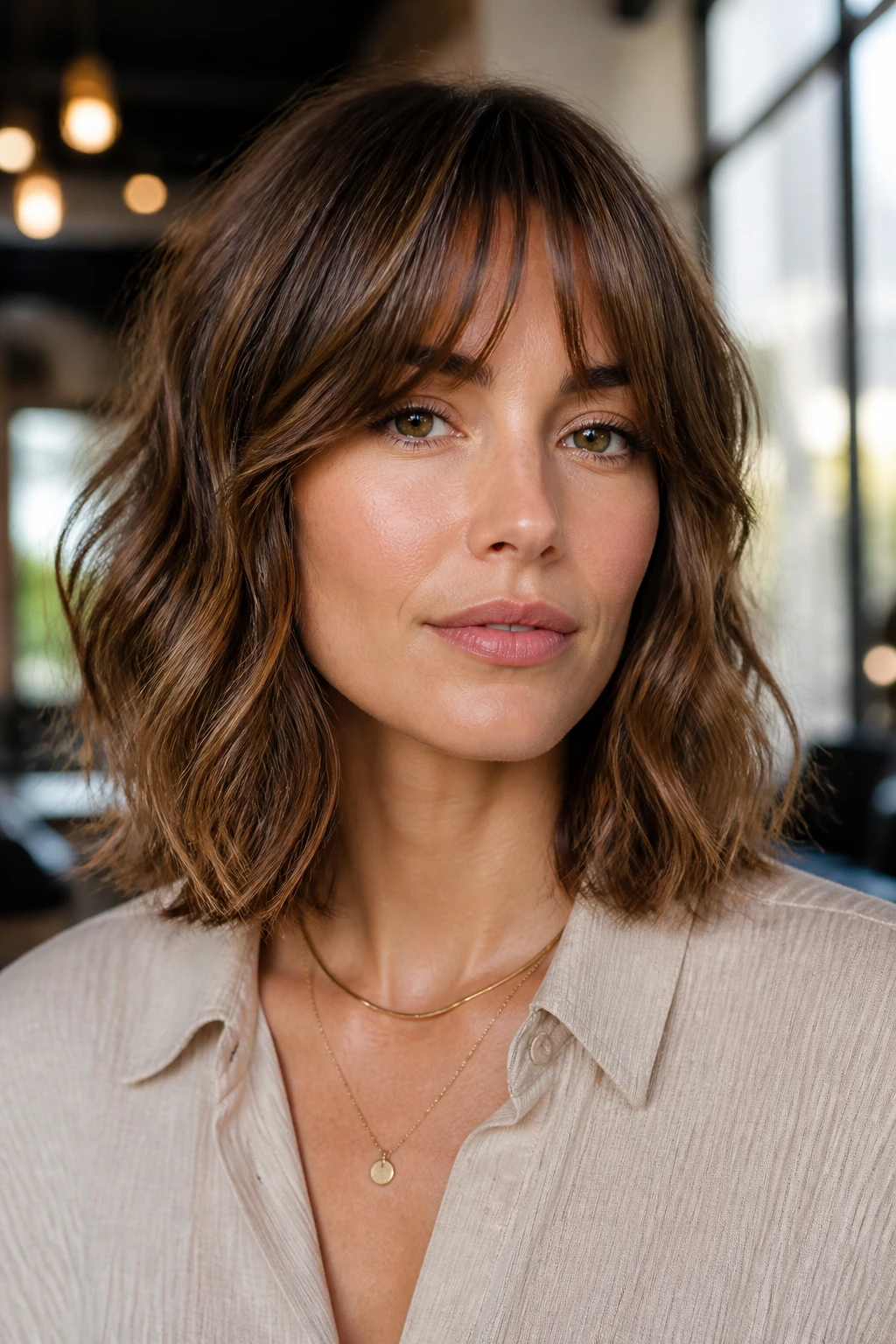 Close-up portrait of Bottleneck-Bang Lob hairstyle on a real woman in a sunlit salon