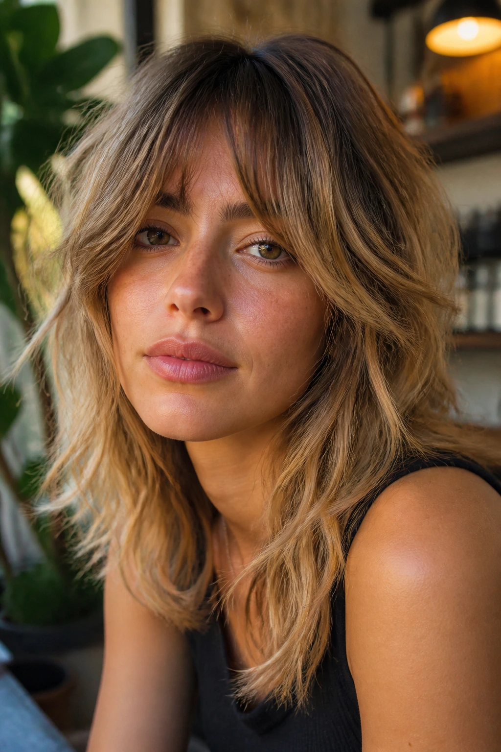 Real person with bottleneck bangs and shag layers in natural light