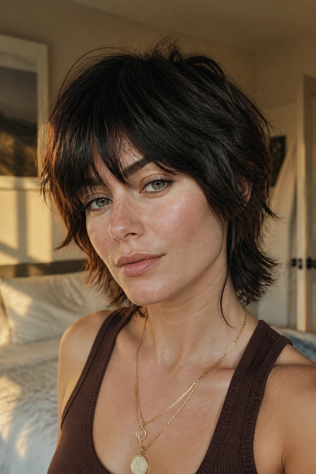 Real woman with bottleneck bangs and a short shag in a cozy bedroom setting