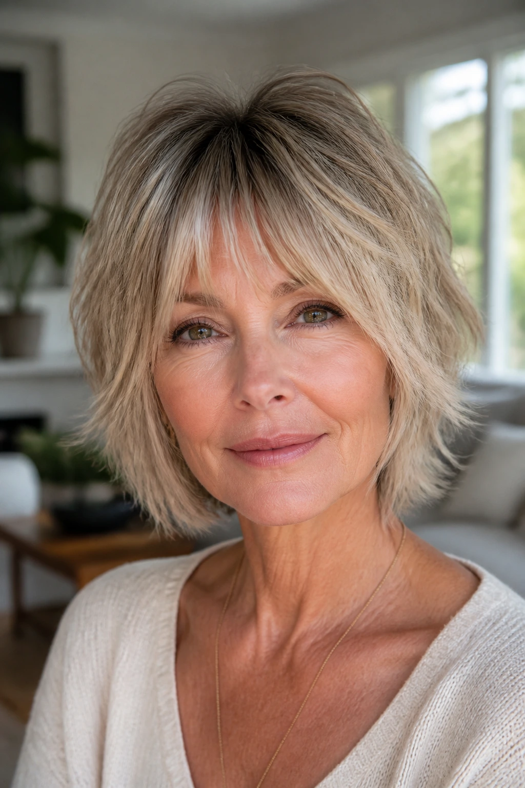 Close-up of a real woman with bottleneck bang shag narrow center fringe