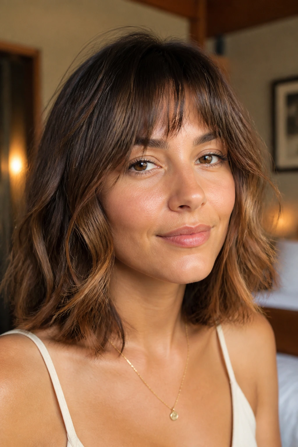 Close-up portrait of a real woman with bottleneck bang wavy bob featuring shorter center fringe