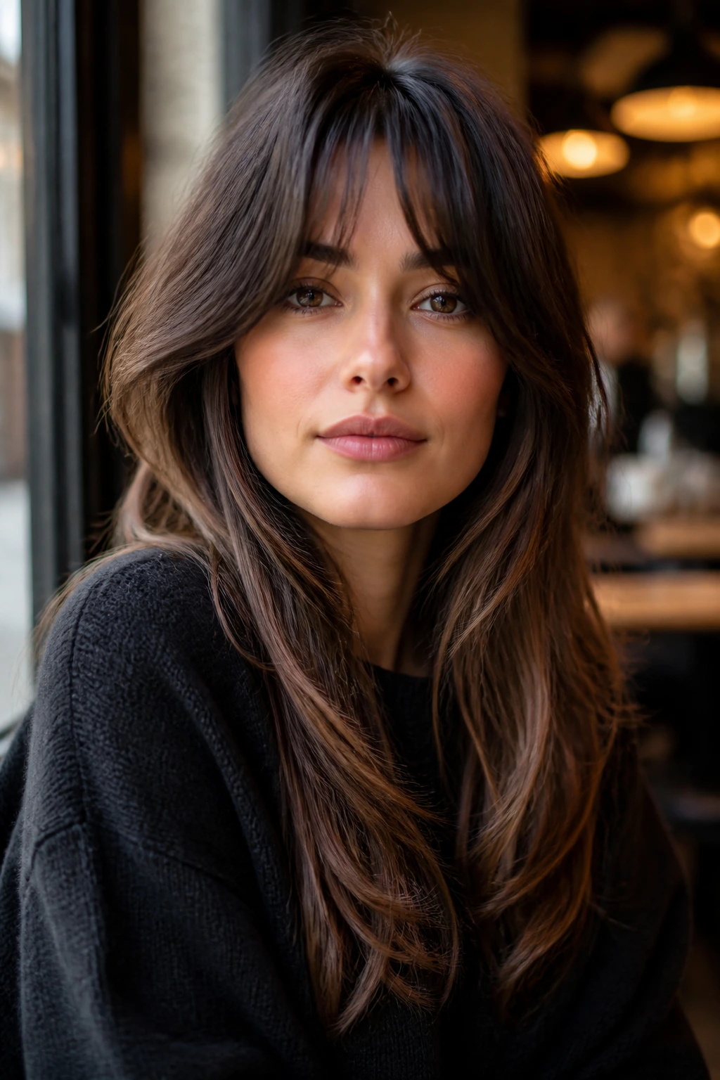 Real woman with bottleneck bangs and airy layers, portrait in warm café light.