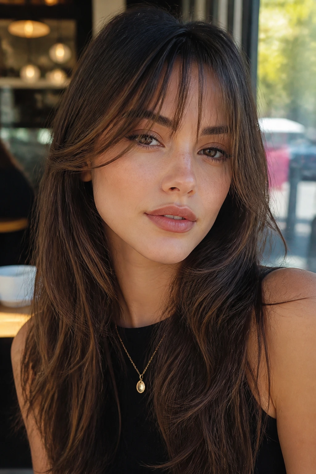 Close-up of a woman with bottleneck bangs and airy side pieces.
