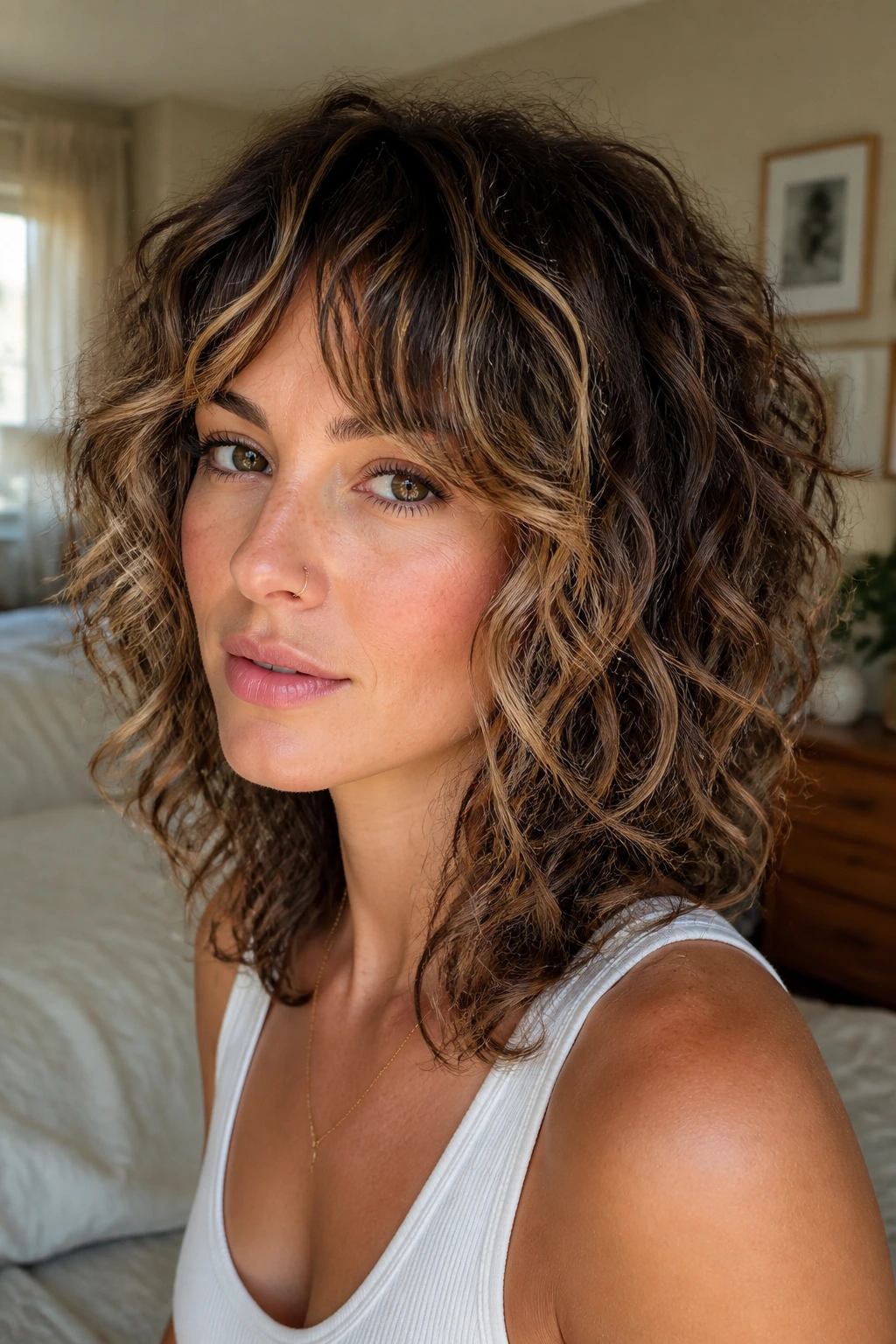 Close-up portrait of a real person with bottleneck bangs and sunlit balayage babylights framing the face
