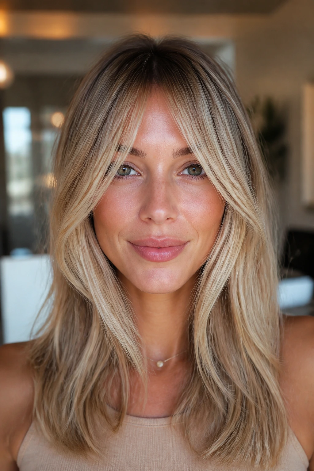 Close-up portrait of a real woman with bottleneck bangs and beige ribbon lights