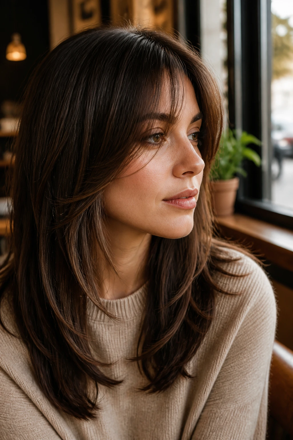 Real woman with bottleneck bangs blending into sides around the eyes