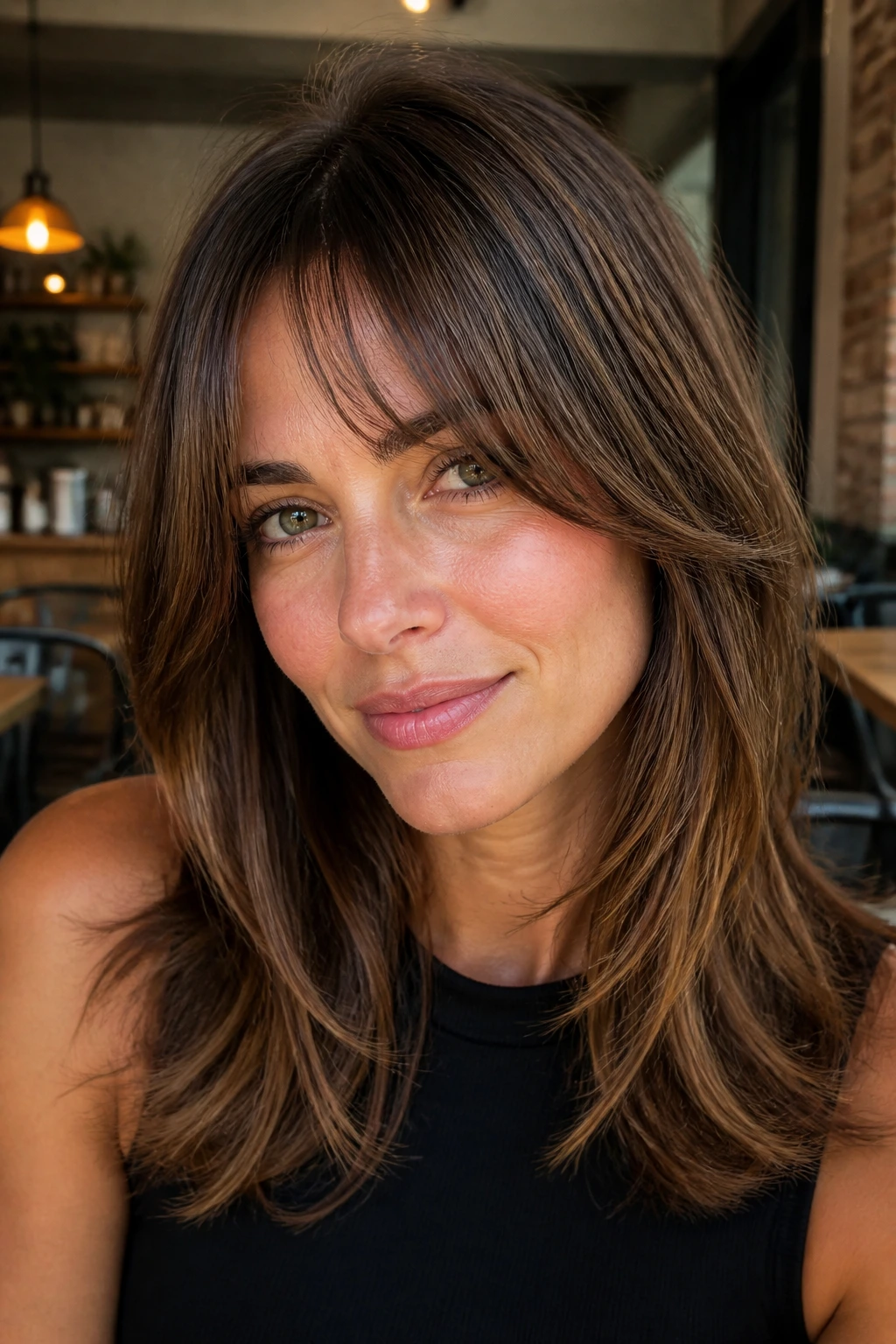 Close-up of a woman with bottleneck bangs blending into shoulder-length layers