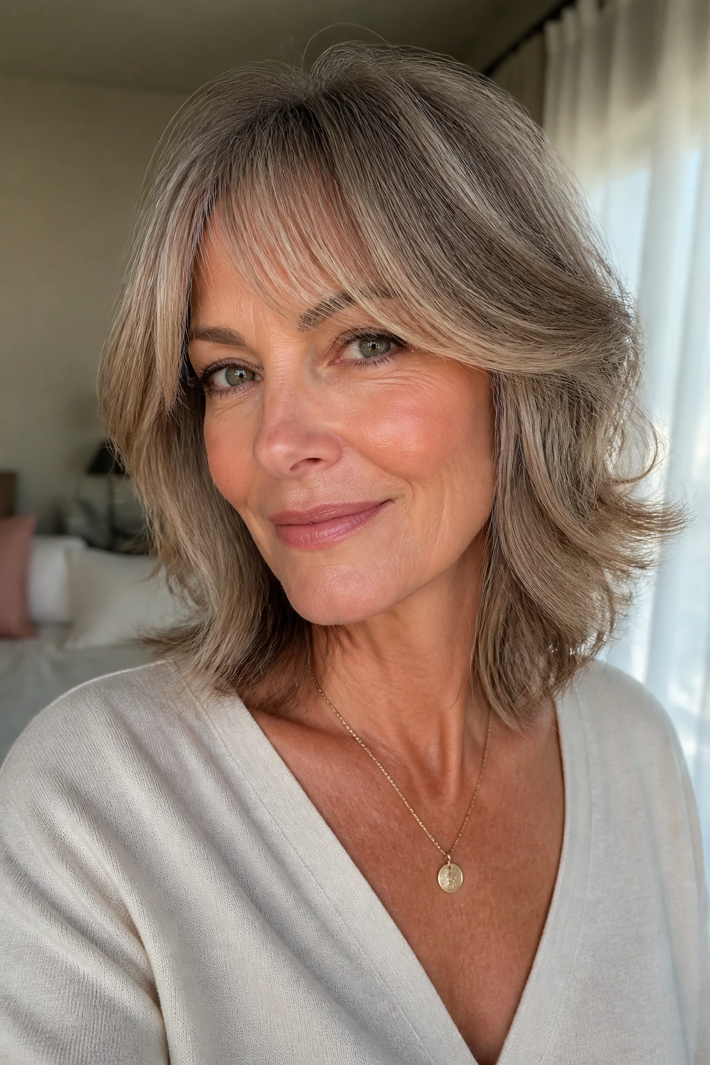 Close-up of a woman with bottleneck bangs and blended layers