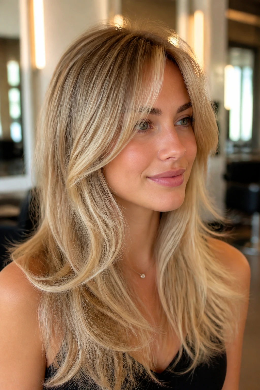 Close-up portrait of a real woman with bottleneck bangs and layered blonde lengths