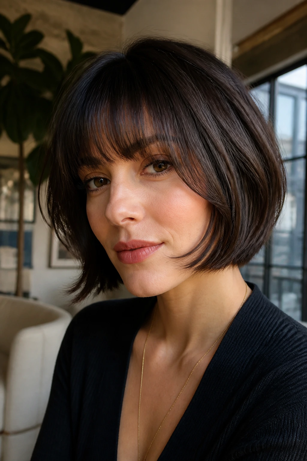 Close-up portrait of a real woman with bottleneck bangs blending into a bob