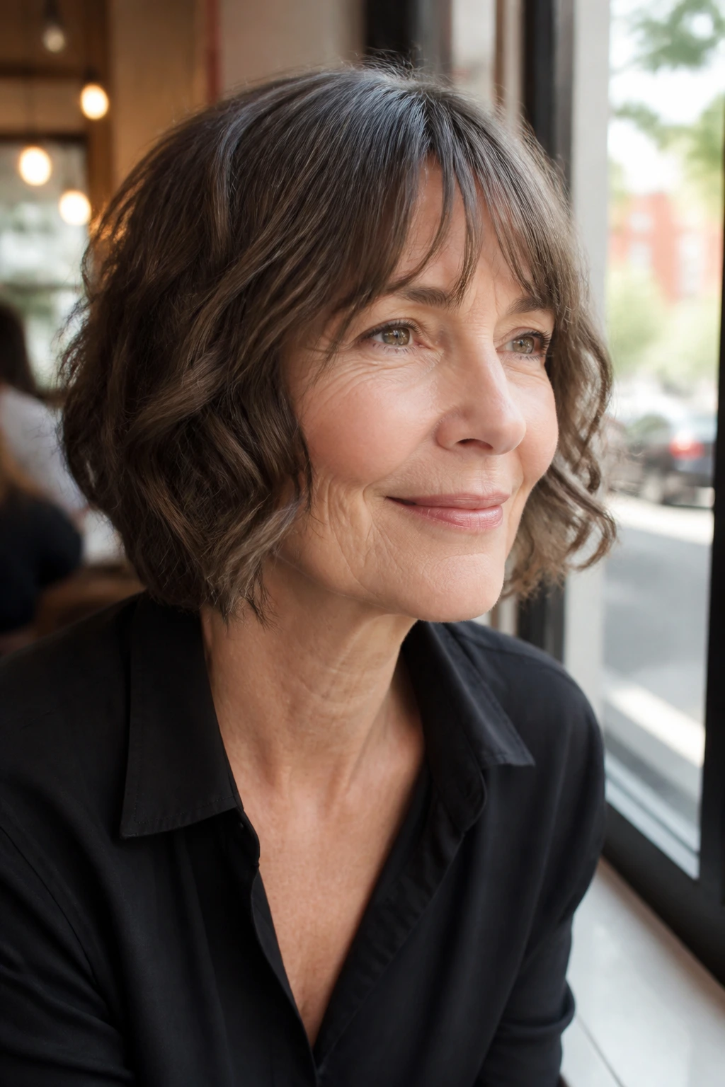 Close-up portrait of a real woman with bottleneck bangs and bob