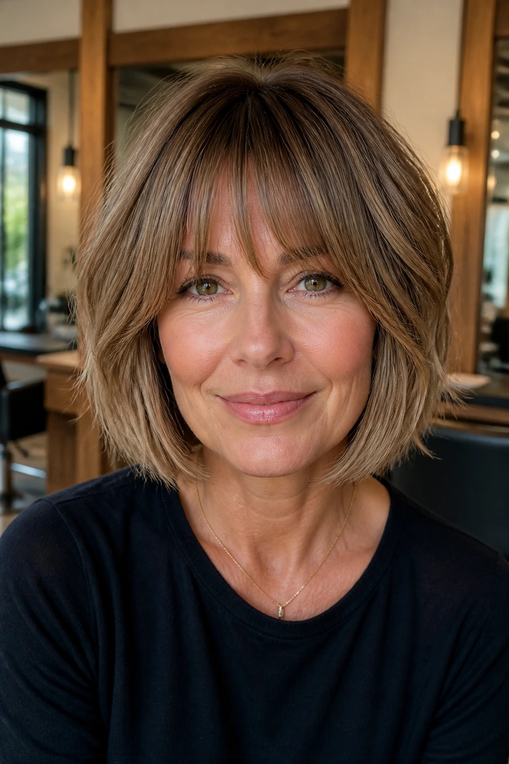 Close-up portrait of a real woman with Bottleneck Bang Bob hairstyle, front view, warm salon light.