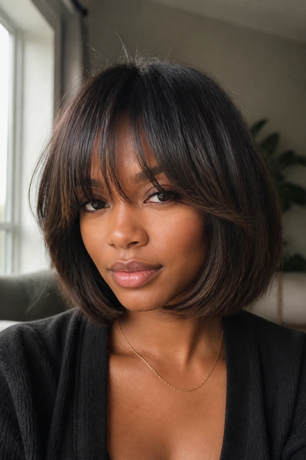 Close-up of a Black woman with bottleneck bangs framing a face-framing bob