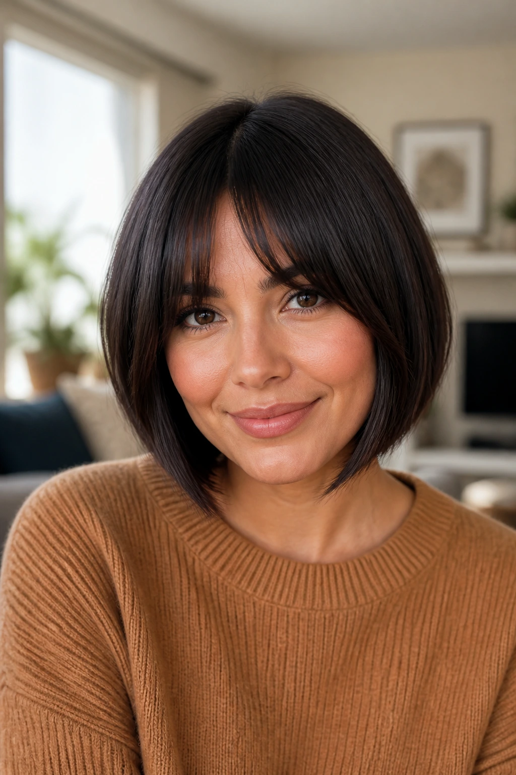 Portrait of a real woman with bottleneck bangs and A-line bob.