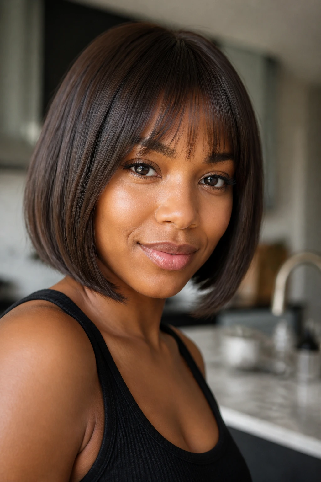 Close-up portrait of a real woman with bottleneck bangs in morning light