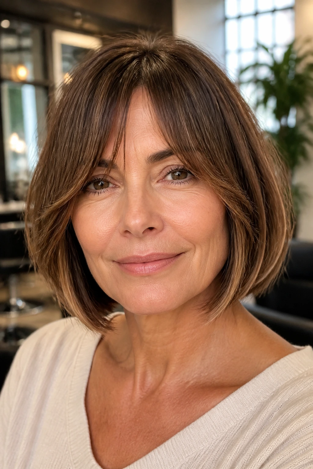 Close-up of a real woman with bottleneck bangs in a modern salon