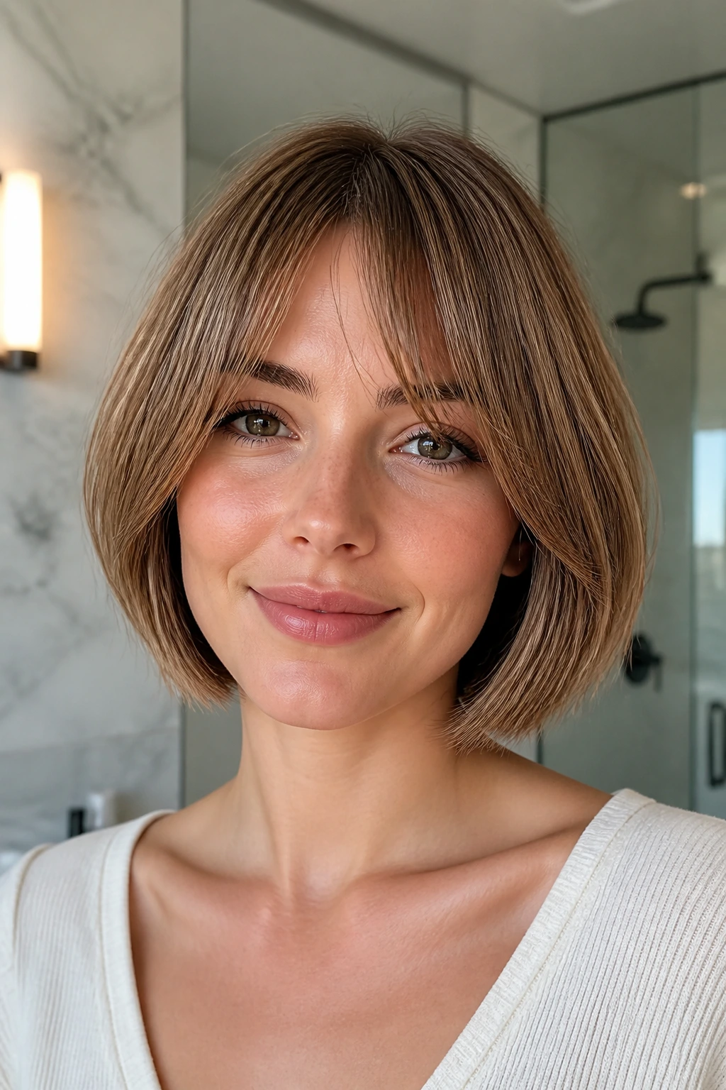 Portrait of a woman with bottleneck bangs and chin-length bob in bright bathroom light